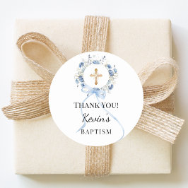 Adesivo Baptism blue boy florals wreath cross thank you