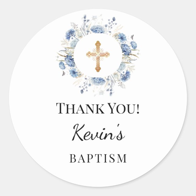 Adesivo Baptism boy blue florals wreath cross thank you (Frente)