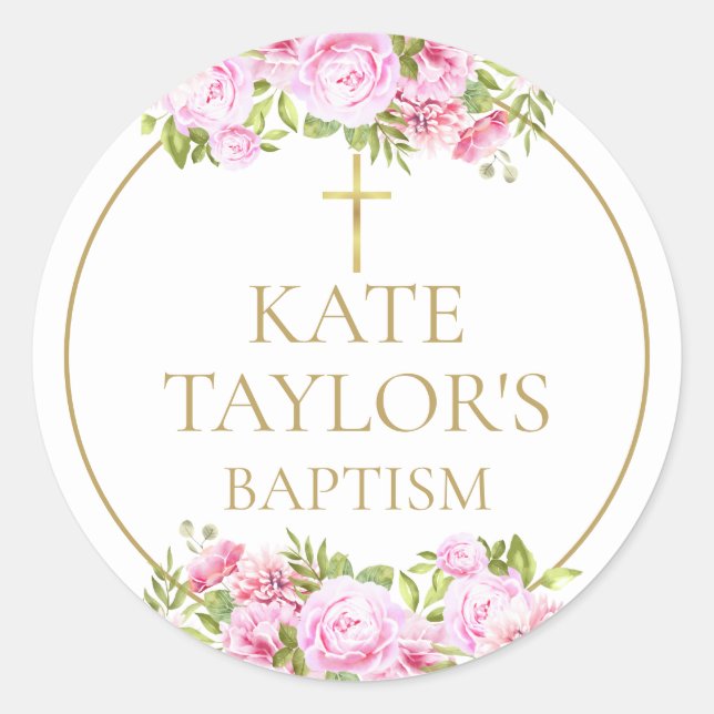 Adesivo  Baptism Christening Pink Rose Floral Favor (Frente)