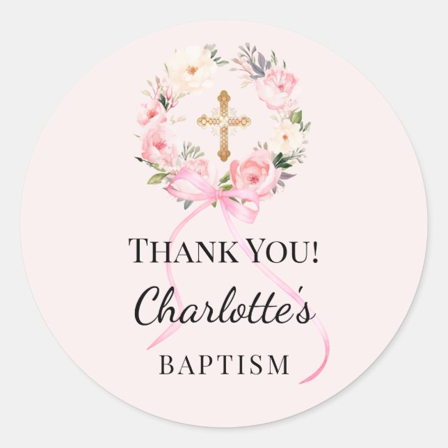 Adesivo Baptism pink girl florals wreath cross thank you (Frente)