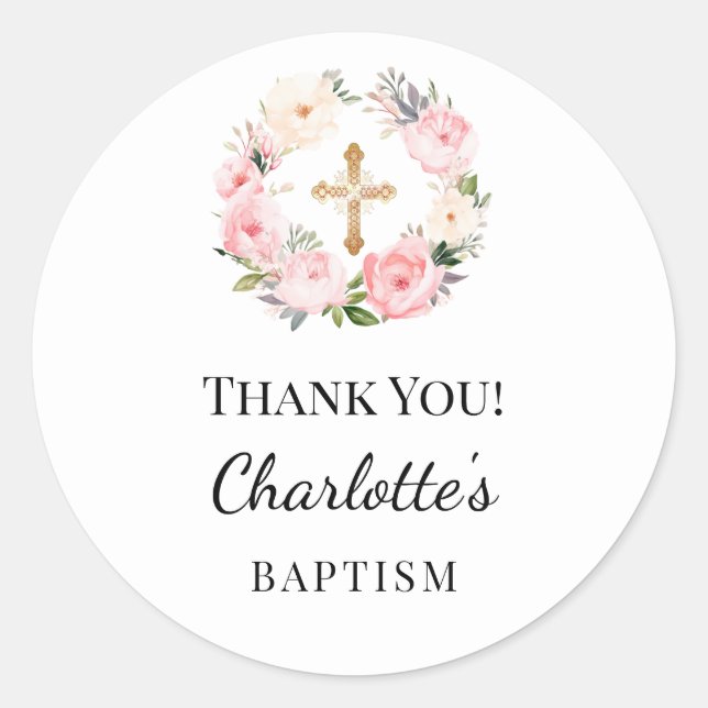 Adesivo Baptism pink girl florals wreath cross thank you (Frente)