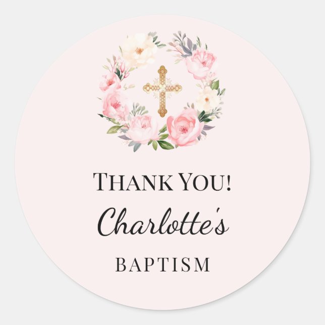 Adesivo Baptism pink girl florals wreath cross thank you (Frente)