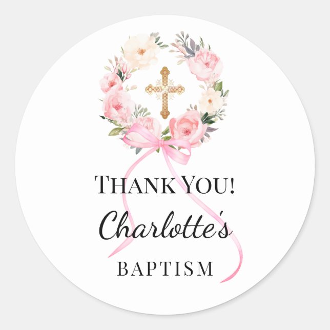 Adesivo Baptism pink girl florals wreath cross thank you (Frente)