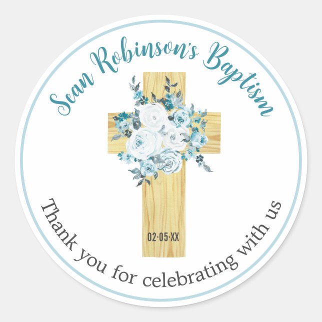 Adesivo Baptism Stickers Boy Blue Floral Cross (Frente)