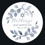 Adesivo Bar Folha Azul Mitzvah<br><div class="desc">Bonita mão pintada com design de aquarela apresentando uma coroa azul macia e Estrela de David.</div>