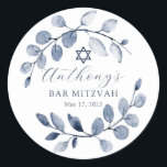 Adesivo Bar Folha Azul Mitzvah<br><div class="desc">Bonita mão pintada com design de aquarela apresentando uma coroa azul macia e Estrela de David.</div>