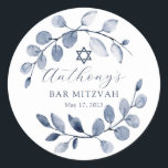 Adesivo Bar Folha Azul Mitzvah<br><div class="desc">Bonita mão pintada com design de aquarela apresentando uma coroa azul macia e Estrela de David.</div>