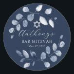 Adesivo Bar Folha Azul Mitzvah<br><div class="desc">Bonita mão pintada com design de aquarela apresentando uma coroa azul macia e Estrela de David.</div>