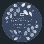 Adesivo Bar Folha Azul Mitzvah<br><div class="desc">Bonita mão pintada com design de aquarela apresentando uma coroa azul macia e Estrela de David.</div>