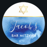 Adesivo BAR MITZVAH Gold Star smart blue watercolor convit<br><div class="desc">por kat massard >> WWW.SIMPLYSWEETPAPERIE.COM <<<</div>