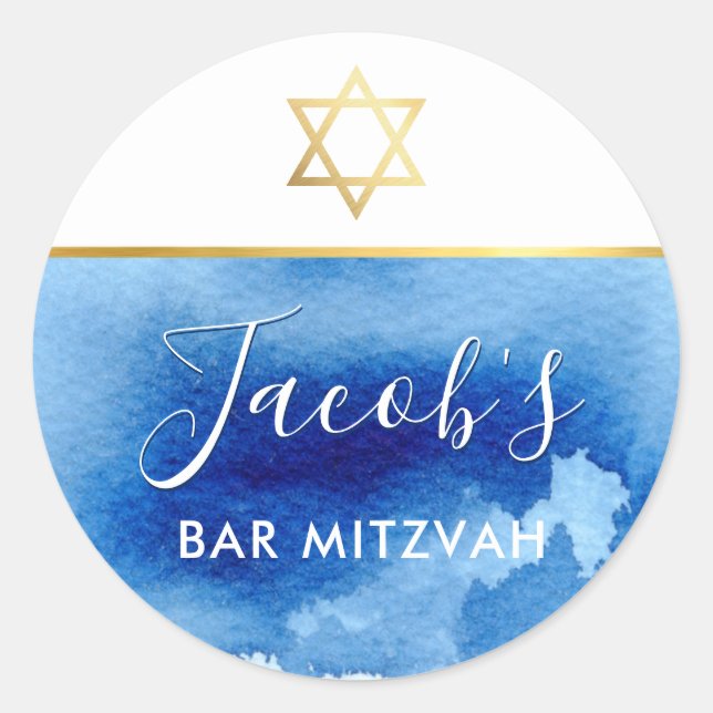 Adesivo BAR MITZVAH Gold Star smart blue watercolor convit (Frente)