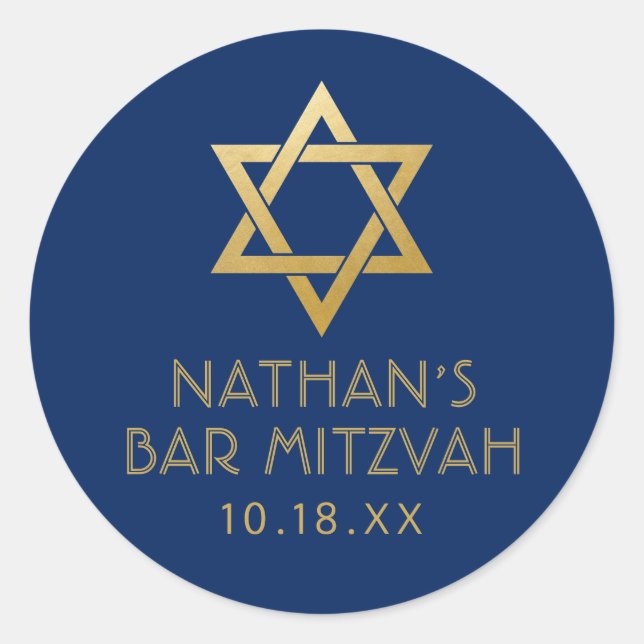 Adesivo Bar Mitzvah Marinho Azul e Estrela Dourada do Nome (Frente)
