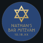 Adesivo Bar Mitzvah Marinho Azul e Estrela Dourada do Nome<br><div class="desc">Os adesivos elegantes do bar mitzvah,  clássico,  azul e dourado,  com nome personalizado,  data e estrela de David design. Estes bar mitzvah favoritos são selos de envelopes de na moda e classe,  ou em seus projetos de decoração do bar e do taco mitzvah.</div>