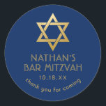 Adesivo Bar Mitzvah Obrigado Marinho Estrela Dourada Azul<br><div class="desc">O elegante bar clássico azul e dourado mitzvah "obrigado você" personalizou adesivos com nome personalizado,  data e Estrela de David.</div>