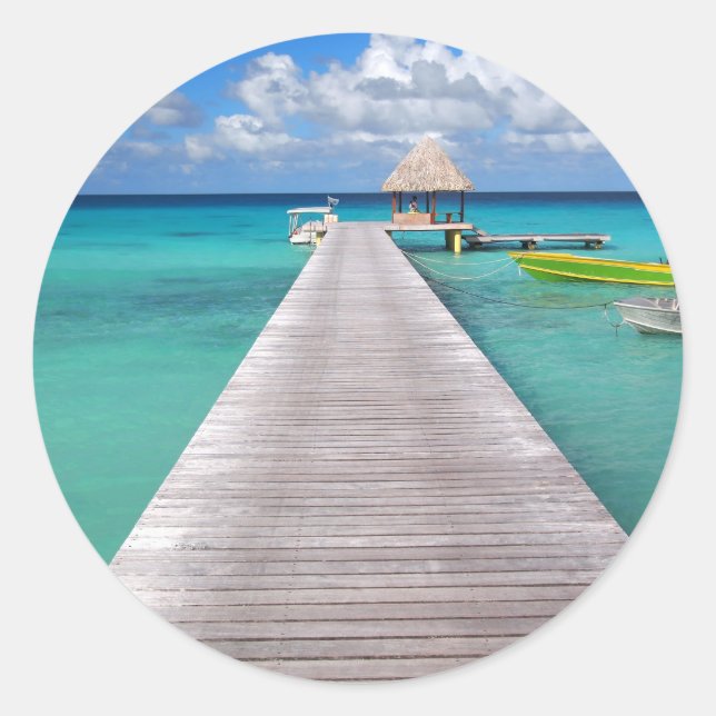 Adesivo Barcos num molhe no vinheta redondo do Pacífico (Frente)