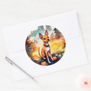 Adesivo Basenji de Halloween com Abóboras Assustadoras 