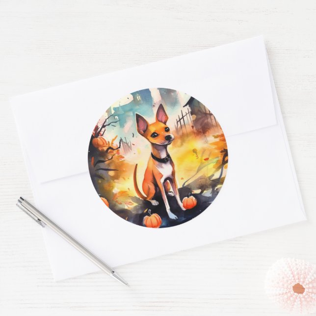Adesivo Basenji de Halloween com Abóboras Assustadoras  (Envelope)