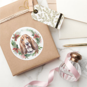 Adesivo Basset Hound Christmas Wreath Festivo Pup