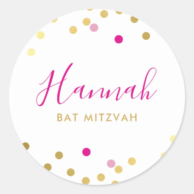 Adesivo BAT MITZVAH bonito glam confetti spot dourado rosa (Frente)