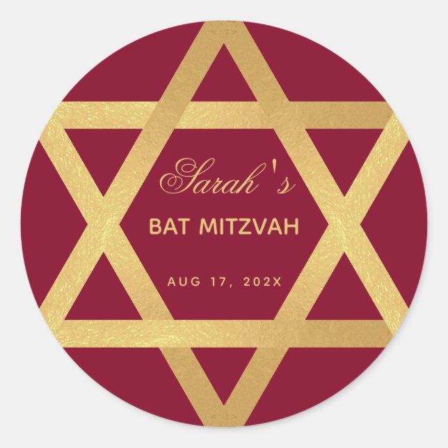 Adesivo Bat Mitzvah Burgundy Faux Gold Foil Star de David (Frente)
