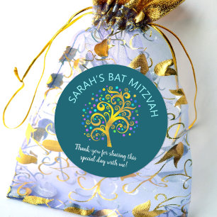 Adesivo Bat Mitzvah Chic Gold Tree of Life, Azul Teal