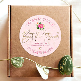 Adesivo Bat Mitzvah Floral Pink Watercolor Script Dourado