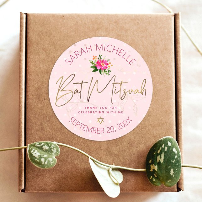 Adesivo Bat Mitzvah Floral Pink Watercolor Script Dourado (Criador carregado)
