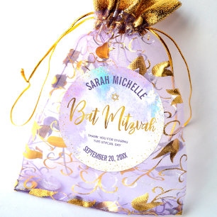 Adesivo Bat Mitzvah Gold Foil Script em Água Púrpura