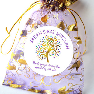 Adesivo Bat Mitzvah Gold Foil Tree Life, Tipografia Roxa