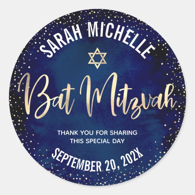 Adesivo Bat Mitzvah Moderno Azul Marinho Dourado Brilho Sc (Frente)