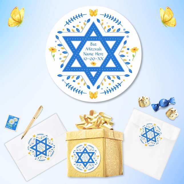 Adesivo Bat Mitzvah Stickers, Bat Mitzvah Party Supply, (Bat Mitzvah Stickers. Bat Mitzvah party supplies. Blue, White and Golden Yellow, Bat Mitzvah Theme. )