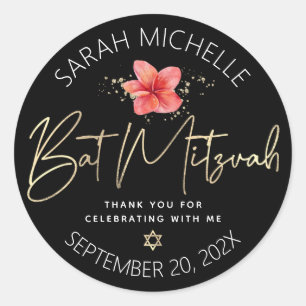 Adesivo Bat Mitzvah Tropical Preto Dourado Floral Aquarela