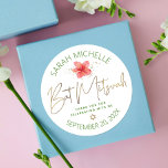 Adesivo Bat Tropical Mitzvah Watercolor Script Dourado Flo<br><div class="desc">Tenha orgulho, alegria e comemore este marco do seu Bat Mitzvah favorito sempre que você usa este adesivo sofisticado e personalizado! Uma na moda, espantosa, colorida e colorida flor de plumeria de aquarelas tropicais, falso guião dourado manuscrito, Estrela de David e pontos brilhantes, juntamente com o tipo de serifa de...</div>