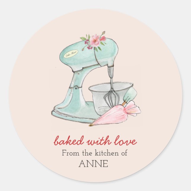 Adesivo Batedeira "Assado com amor" rosa pálido Bakers (Frente)