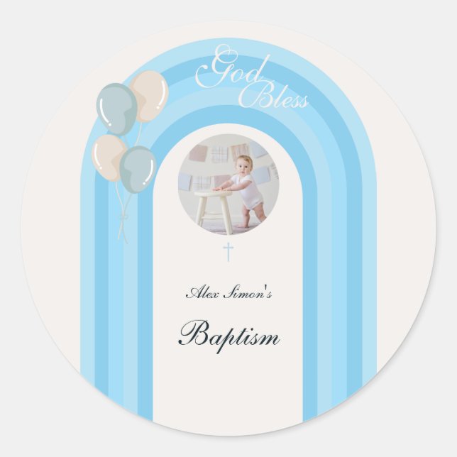 Adesivo Batismo Azul Moderno com Foto Personalizada (Frente)