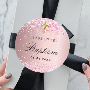 Adesivo Batismo borrado, cor-de-rosa, cruz dourada