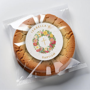 Adesivo Batismo Cruz Floral Dourada com Grinalda de Rosa B