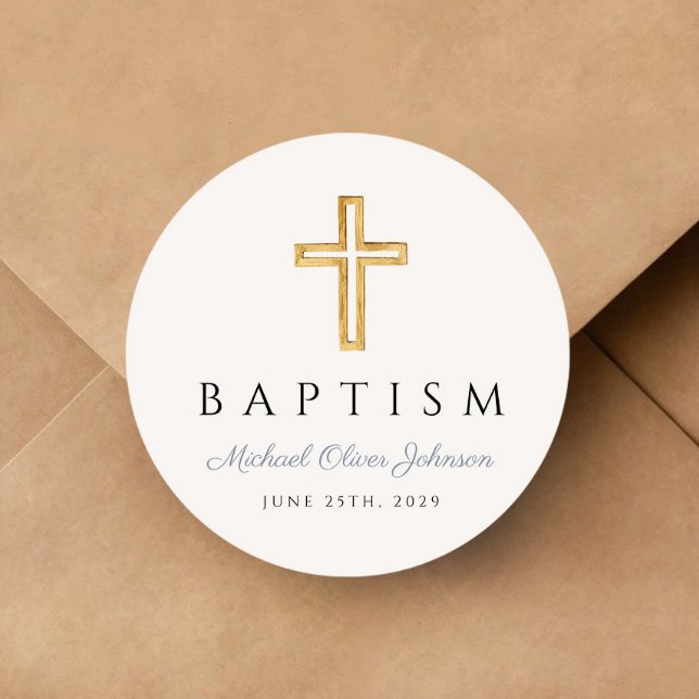 Adesivo Batismo de Menino Azul com Manchas Religiosas (Religious Cross Dusty Blue Script Boy Baptism Classic Round Sticker)