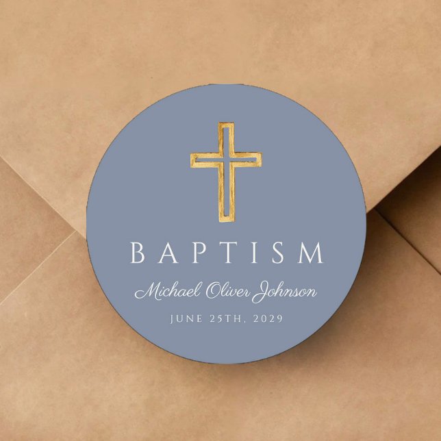 Adesivo Batismo de Menino Azul Religioso (Religious Cross Dusty Blue Boy Baptism Classic Round Sticker)