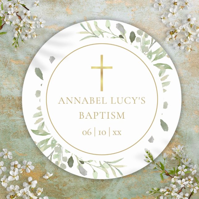 Adesivo Batismo de Verde Folhagem em Aquarela (Watercolor Greenery Baptism Christening Classic Round Sticker)