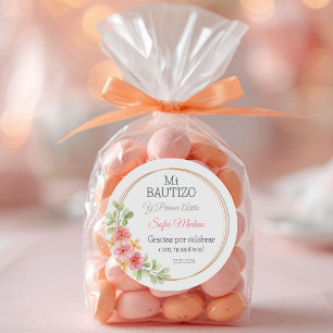 Adesivo Batismo Elegante e Flores Rosa de Primeiro Anivers