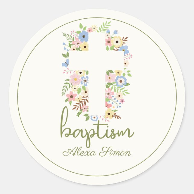 Adesivo Batismo Floral Cross - Pastel Suave (Frente)