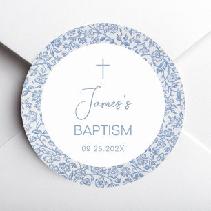 Adesivo Batismo Menino Azul Branco Padrão Floral Religioso