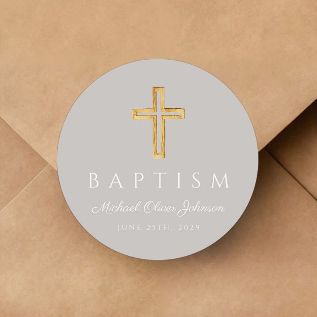Adesivo Batismo religioso das Cinzas modernas (Modern Gray Religious Cross Baptism Classic Round Sticker)