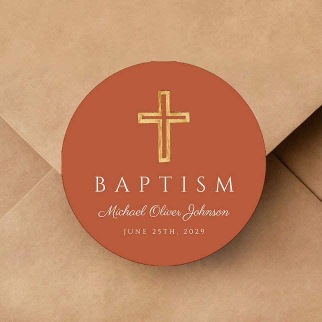 Adesivo Batismo religioso de Terracotta Moderno (Modern Terracotta Religious Cross Baptism Classic Round Sticker)