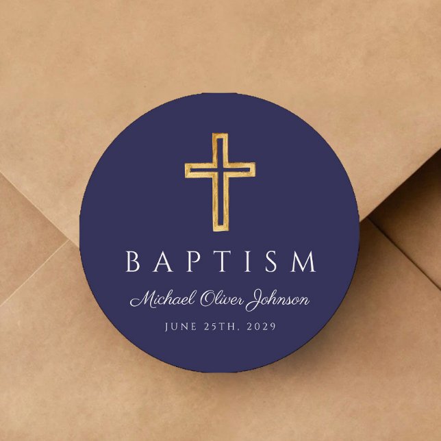 Adesivo Batismo religioso marinho Azul (Navy Blue Religious Cross Boy Baptism Classic Round Sticker)