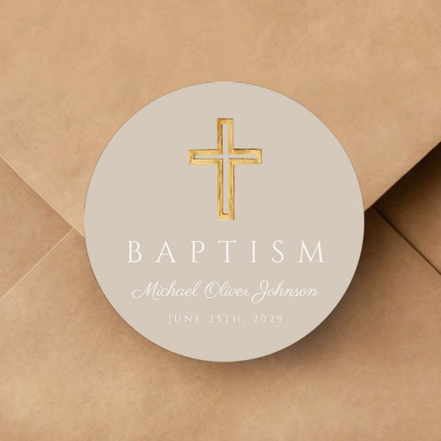 Adesivo Batismo Religioso Moderno do Taupe (Modern Taupe Religious Cross Baptism Classic Round Sticker)
