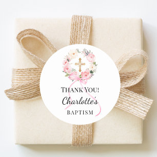 Adesivo Batismo rosa menina floral coroa cruz obrigado