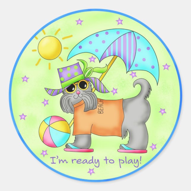 Adesivo Beach Dog Whimsy Art Green Blue (Frente)