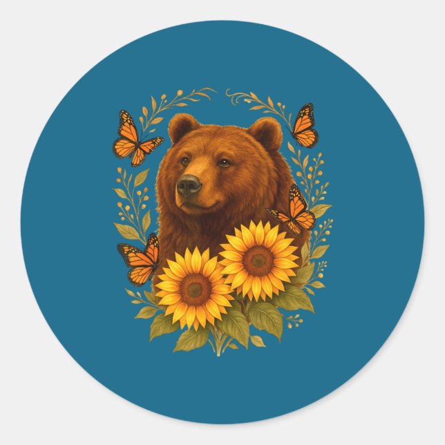 Adesivo Bear Butterfly Nature Rustic Sunflower Monarch Art (Frente)
